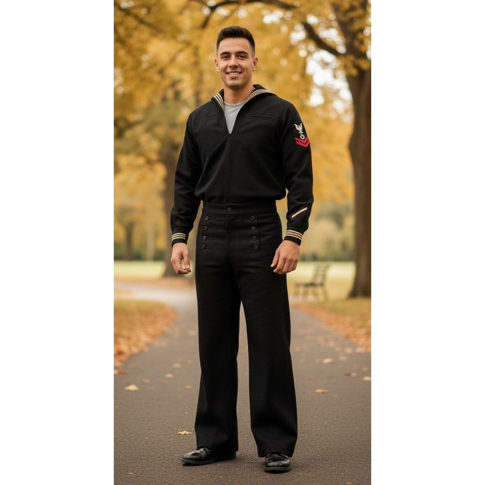 Vintage Original WW2 U.S. Navy Uniform Set Wool Jacket Pants Class Uniform Black